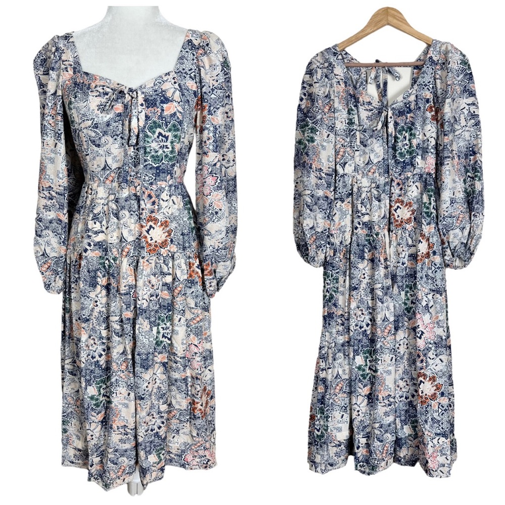 Anthropologie Moon River Puff Sleeves Tie Back Tiered Midi Dress Size XS
